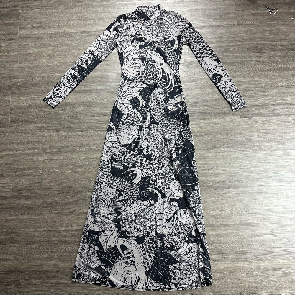 Final Sale: Black White Gray Koi Fish Mesh Sheer Maxi Dress
